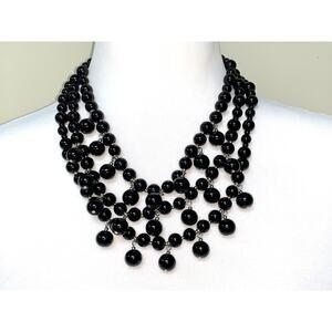 Talbots Multistrand Cascading Black Glass Bead Statement Bib Necklace